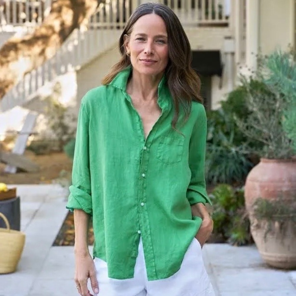 Frank & Eileen Barry Shirt Green Cotton Button Up Tailored Italian Fabric EUC -S